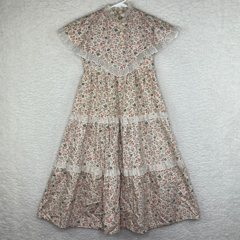 Vintage Floral Prairie Dress Girls 5 Maxi Tiered Lace Cottagecore Little House
